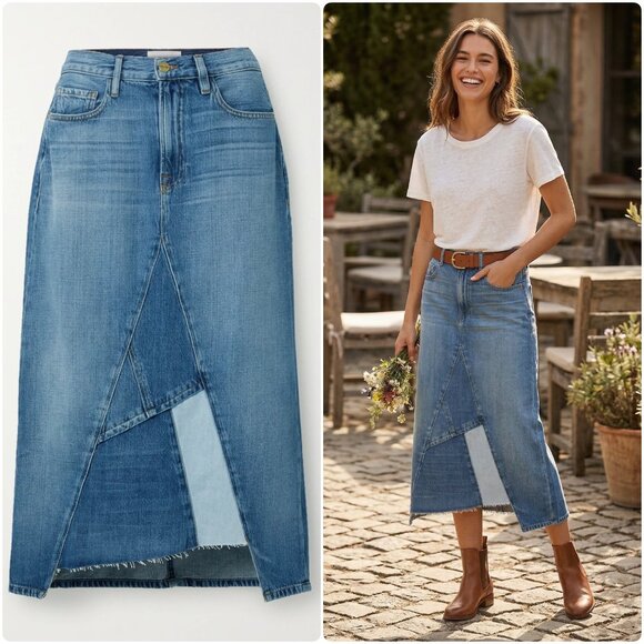 NWT Frame Denim Le Midi Patchwork Denim Midi Skirt Cahill Size 25, 26 $275 - Picture 4 of 16